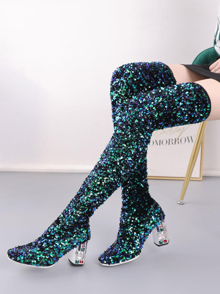 Chic Square Toe Sequined Over-The-Knee Winter Boots