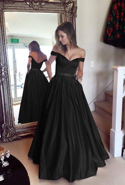 Satin A-Line Off-Shoulder Sleeveless Evening Dress