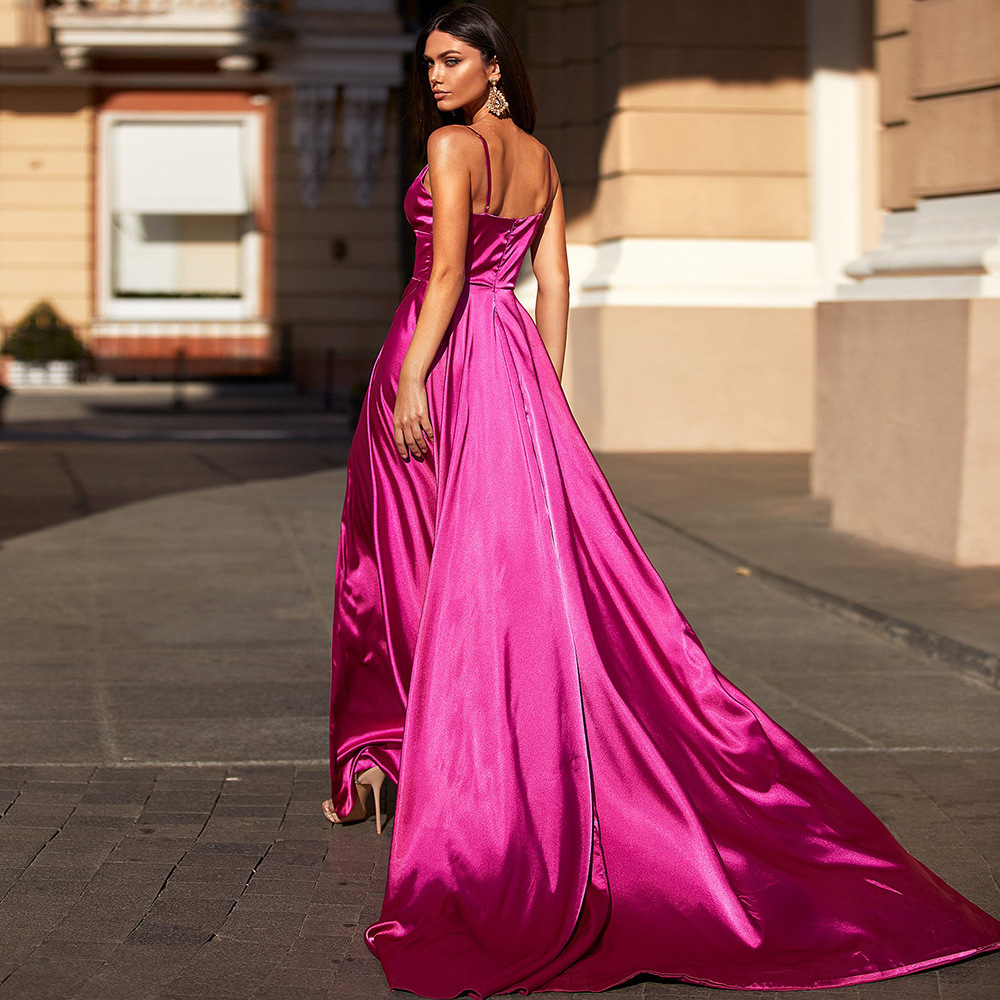 Deep Pink Spaghetti Strap Sleeveless Long Evening Slit Dress