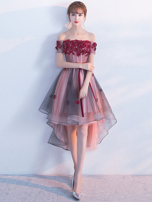 Light Pink Off The Shoulder Lace Applique Tulle High Low Prom Dress