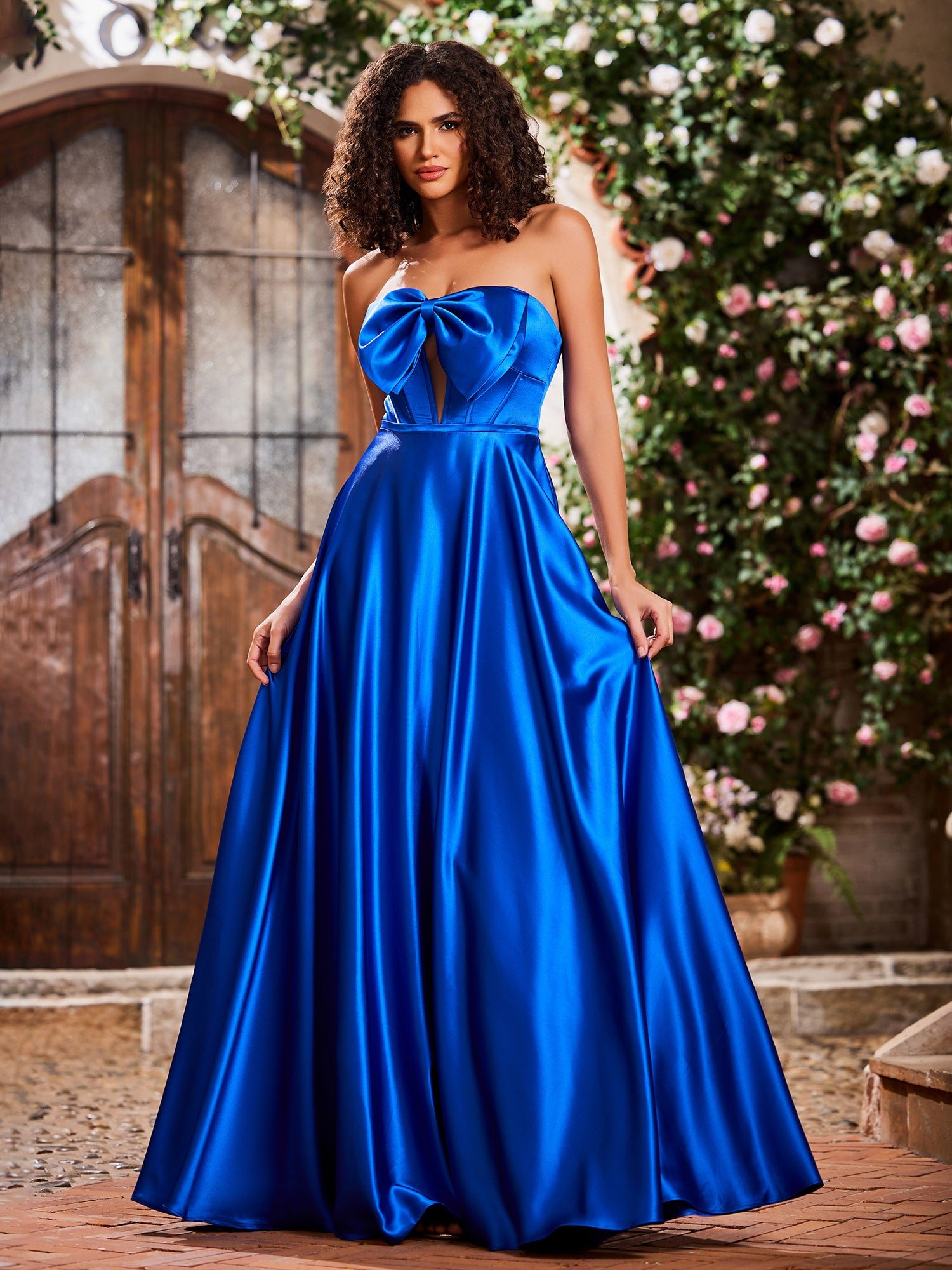 Elegant A-Line Bow Corset Strapless Floor-Length Prom Dress