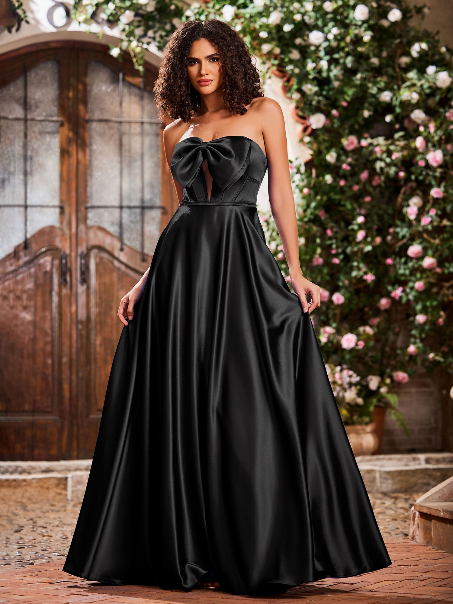 Elegant A-Line Bow Corset Strapless Floor-Length Prom Dress
