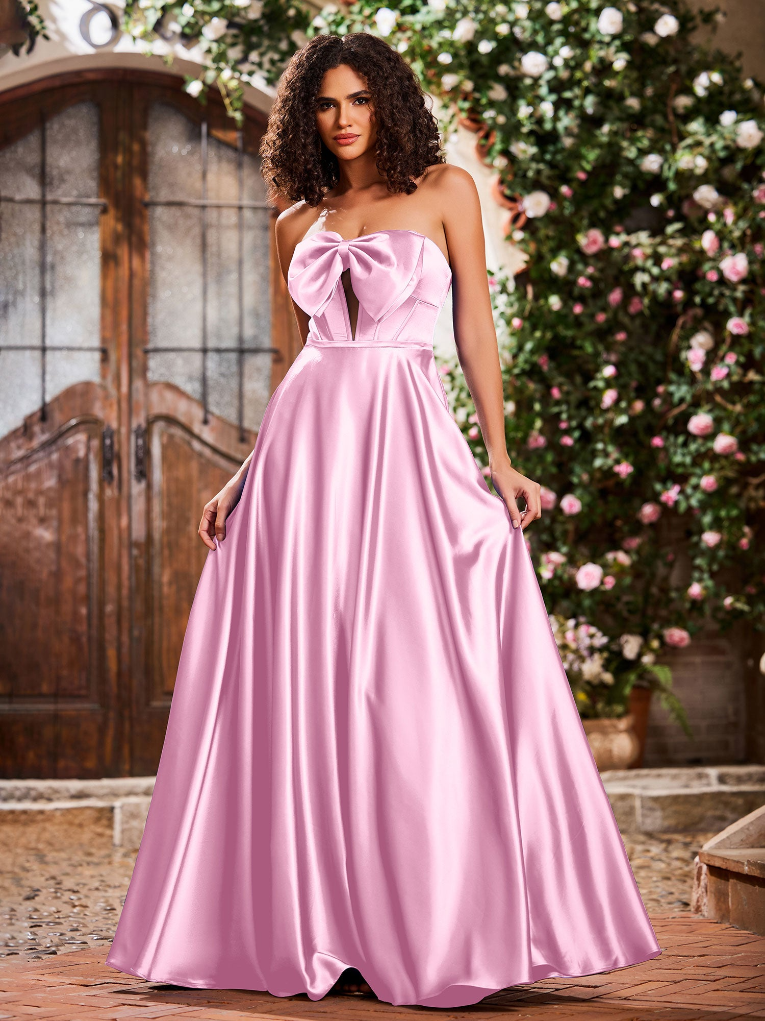 Elegant A-Line Bow Corset Strapless Floor-Length Prom Dress