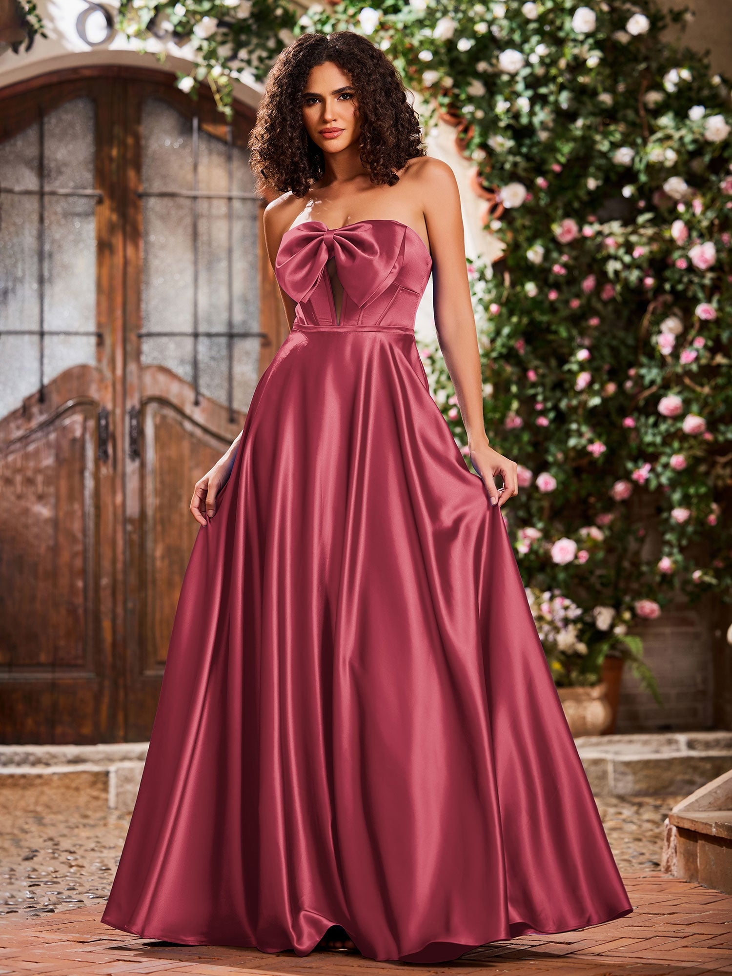 Elegant A-Line Bow Corset Strapless Floor-Length Prom Dress
