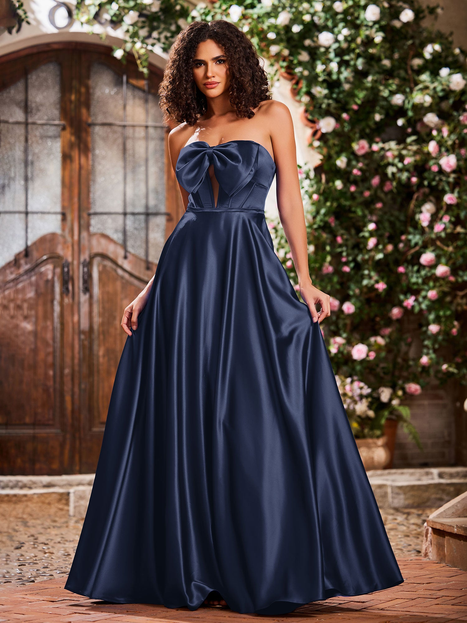 Elegant A-Line Bow Corset Strapless Floor-Length Prom Dress