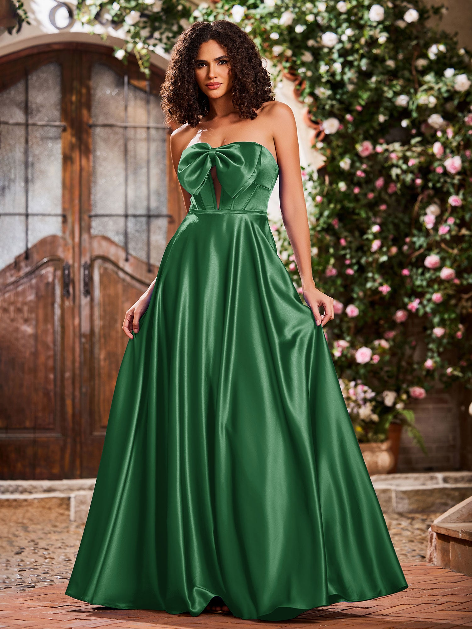 Elegant A-Line Bow Corset Strapless Floor-Length Prom Dress