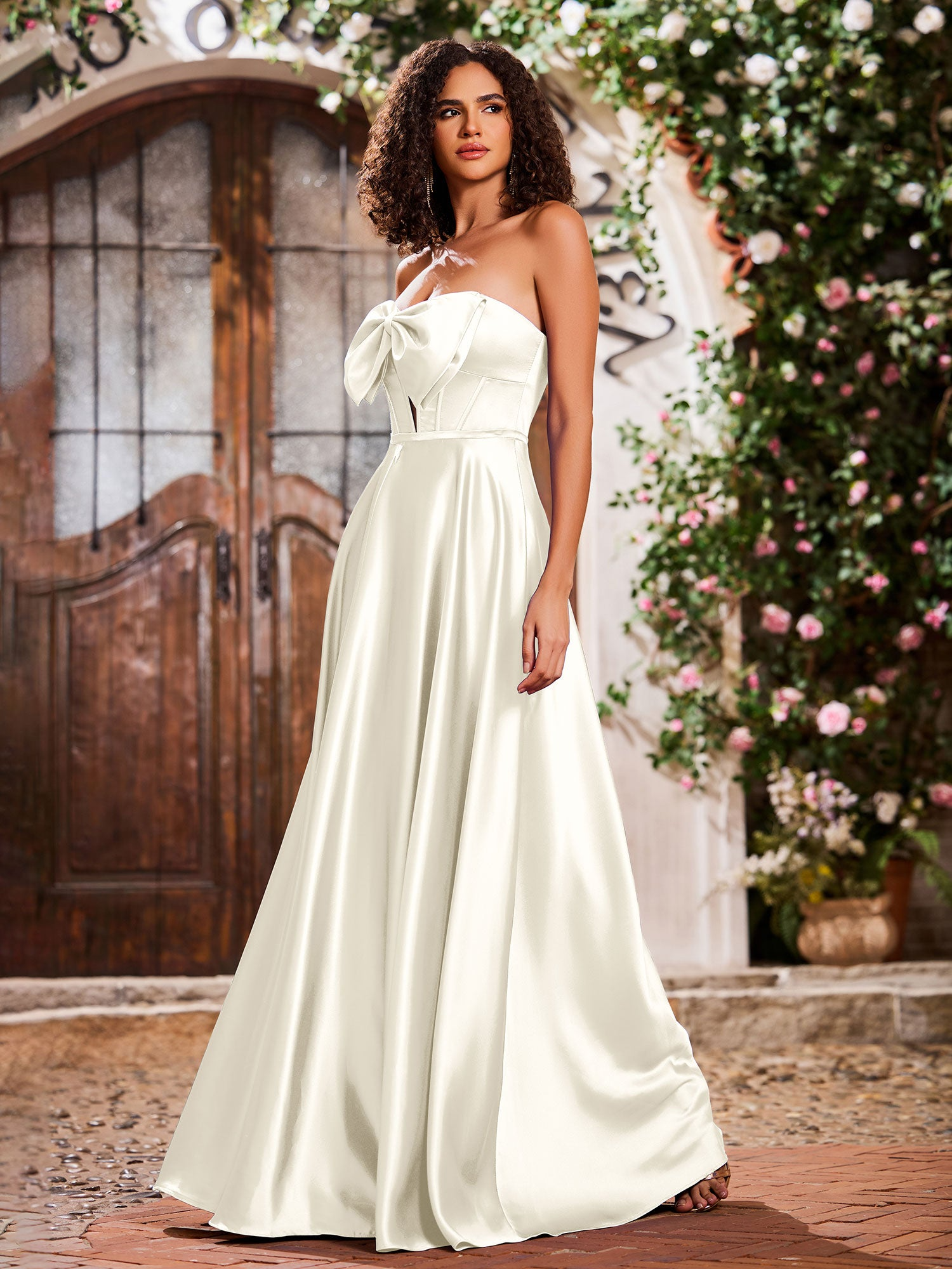 Elegant A-Line Bow Corset Strapless Floor-Length Prom Dress