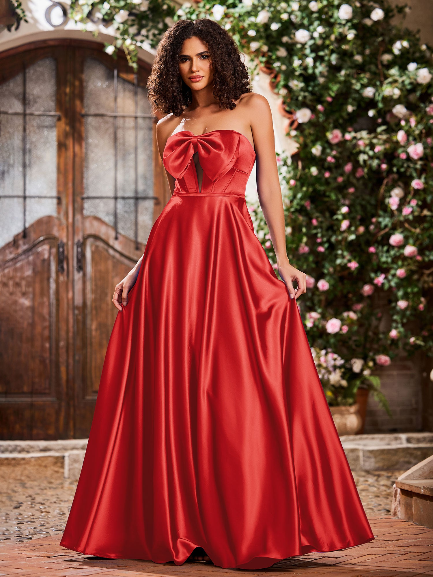 Elegant A-Line Bow Corset Strapless Floor-Length Prom Dress