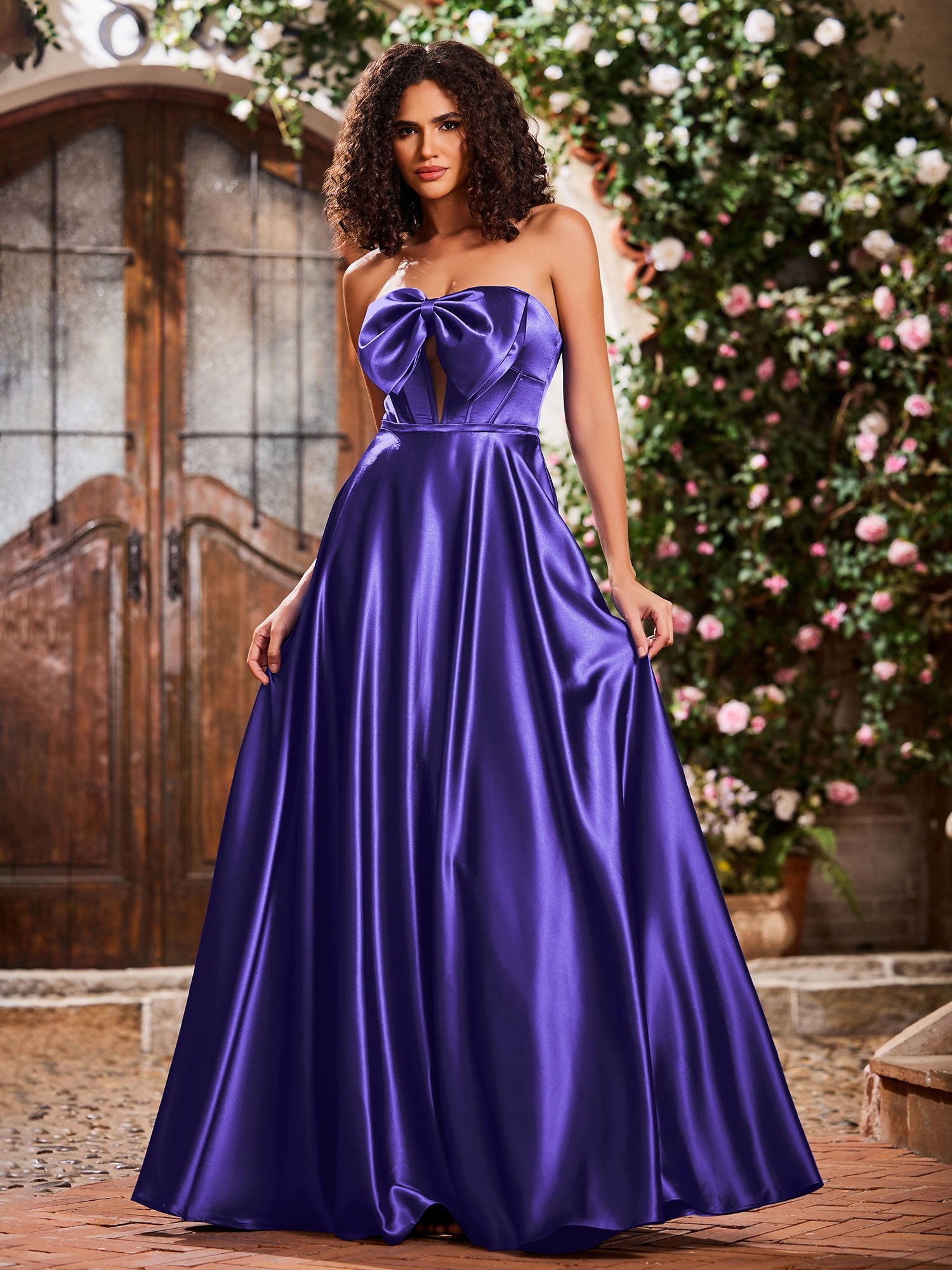 Elegant A-Line Bow Corset Strapless Floor-Length Prom Dress