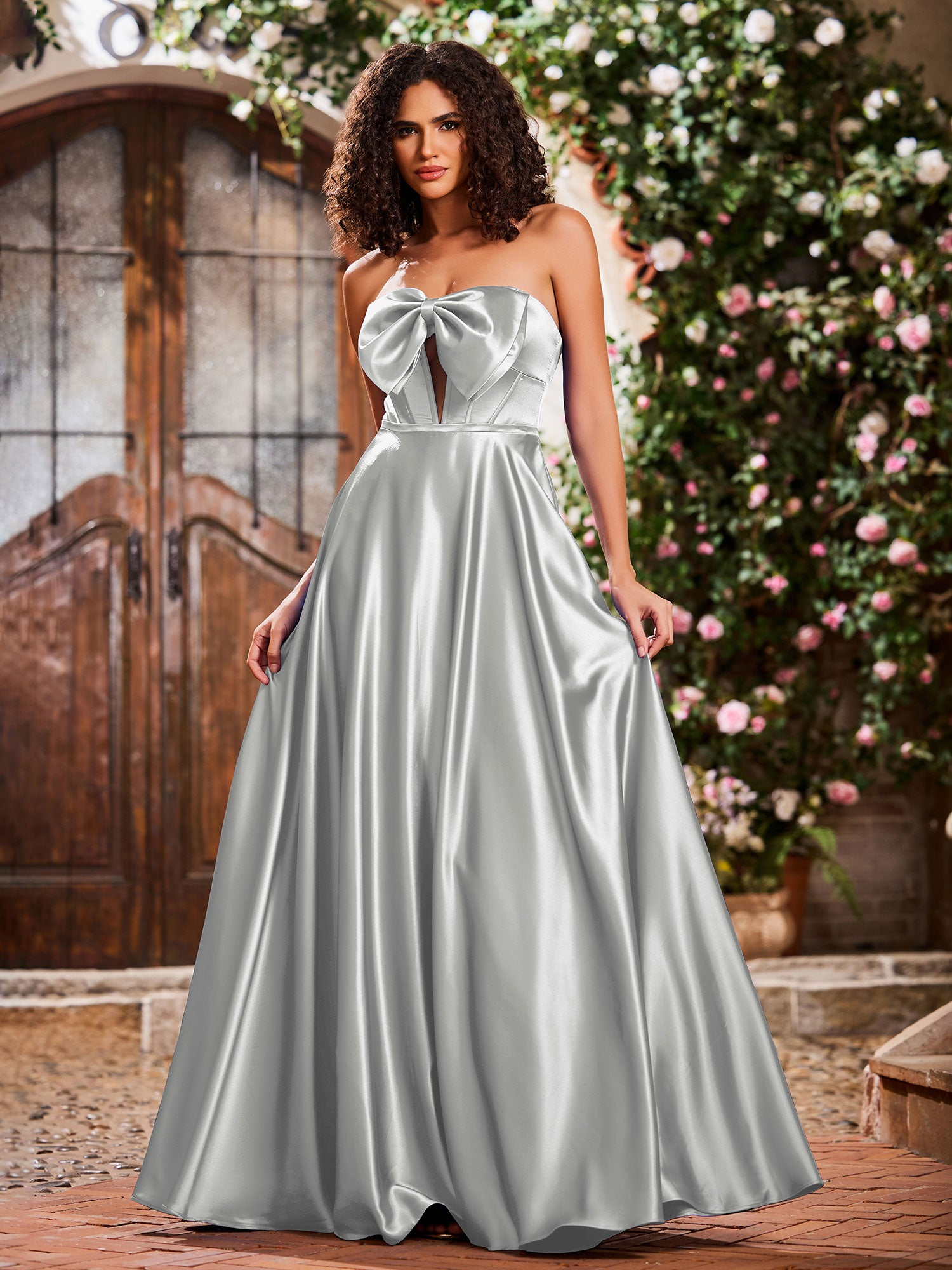 Elegant A-Line Bow Corset Strapless Floor-Length Prom Dress