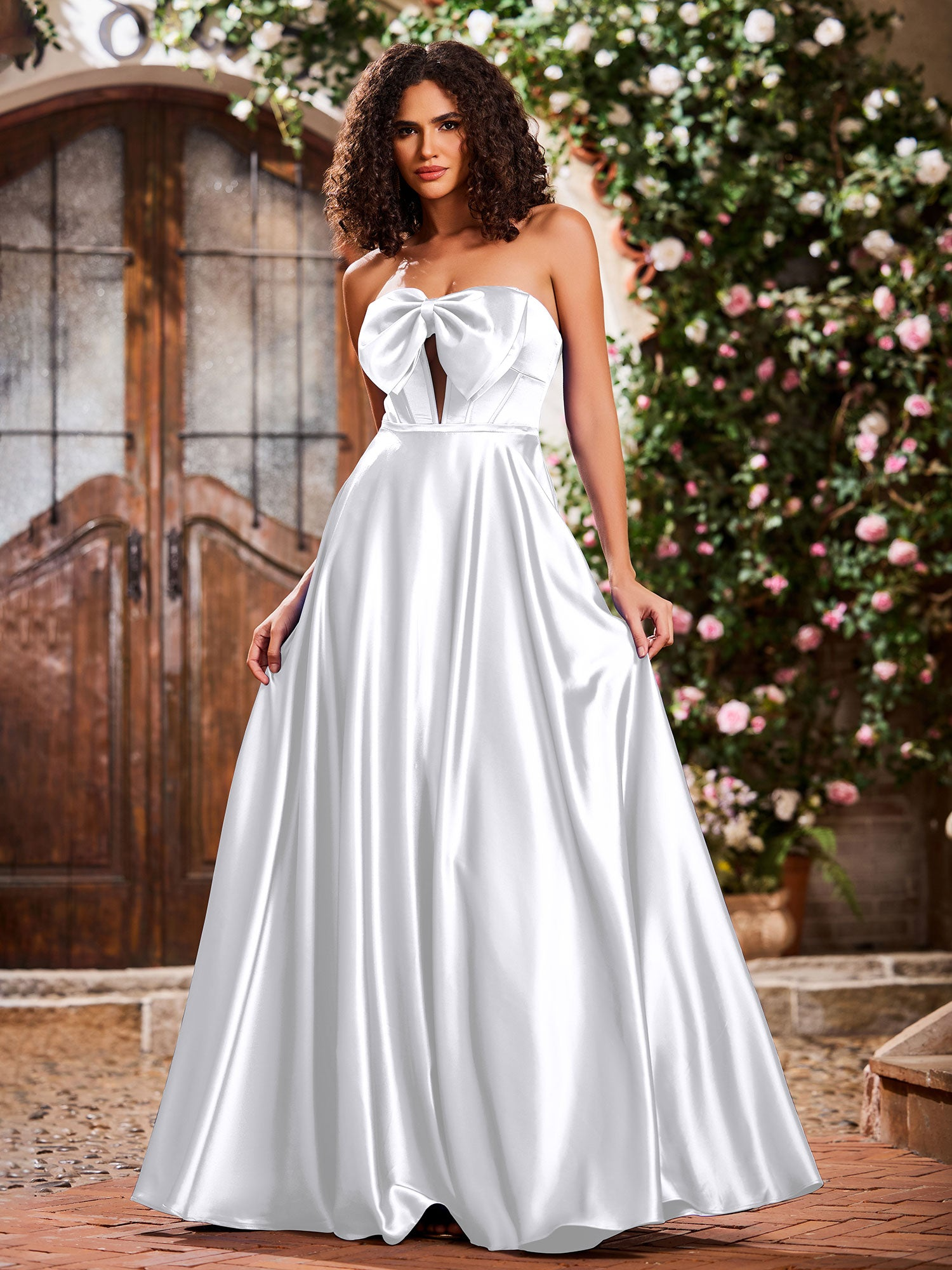 Elegant A-Line Bow Corset Strapless Floor-Length Prom Dress