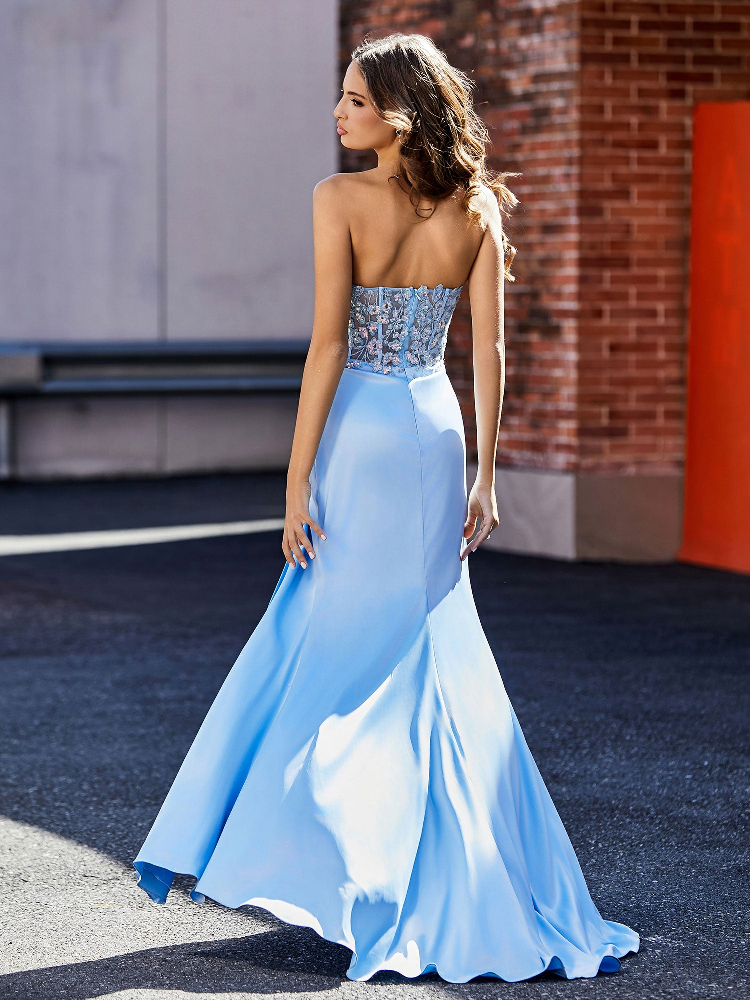 SkyBlue Strapless Lace Up Back Prom Dress