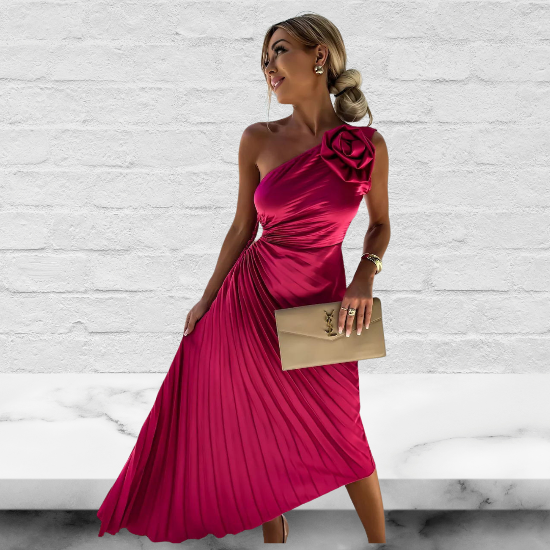 Satin Raised Flower Elastic Cutout One Shoulder Pleated Maxi Dress