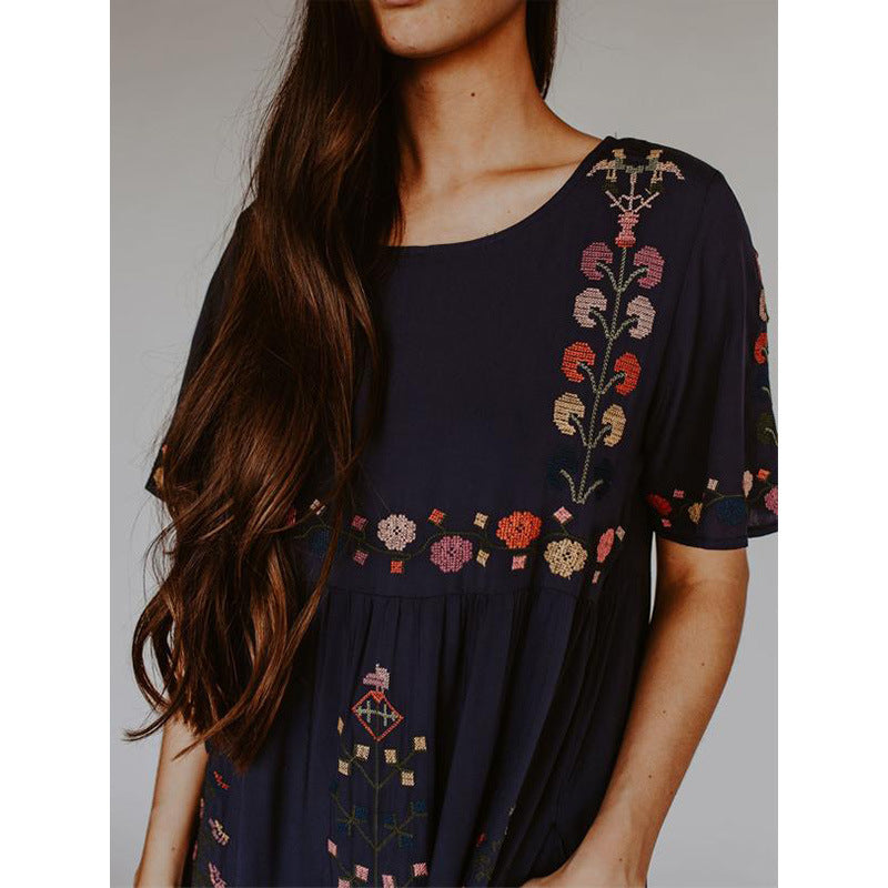 Round Neck Short Sleeves Floral Embroidered Midi Dress