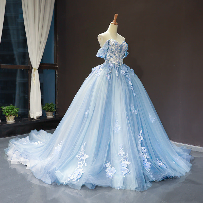 Off-the-Shoulder Sleeveless Applique Chapel Train Prom Dress