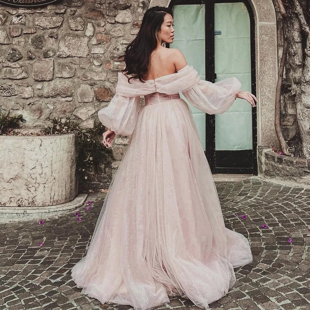 Princess Ruched Off-the-Shoulder Long Sleeves Tulle Brush Train Prom Dress