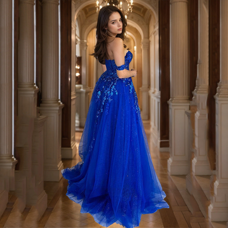 Princess Tulle Applique Off-the-Shoulder Sleeveless Brush Train Prom Dress