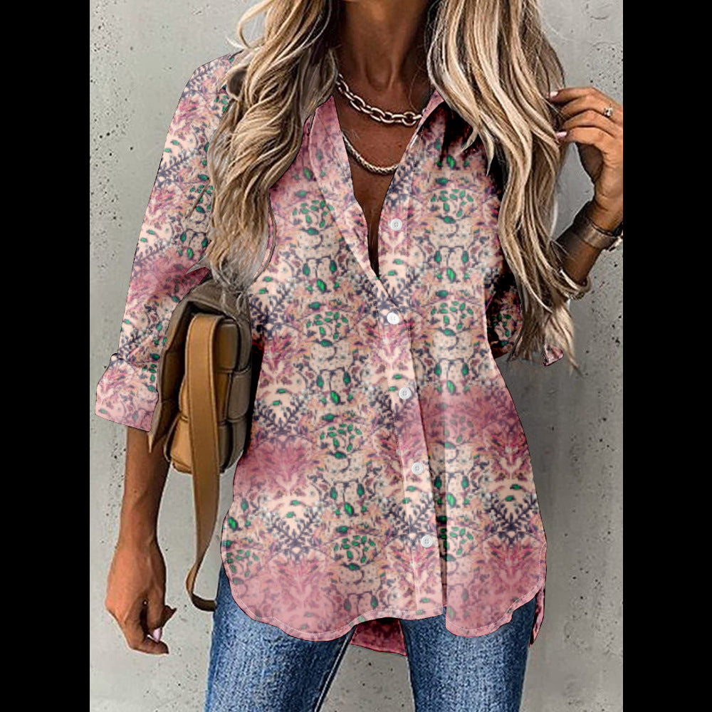 Women's Floral Print Long Sleeve Collar Shirt