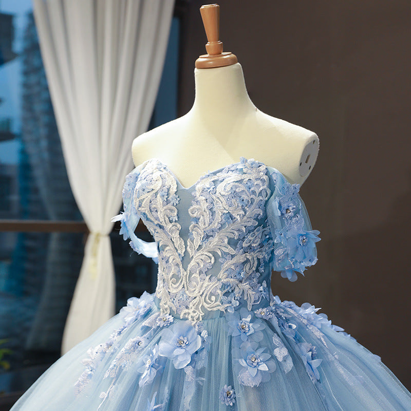Off-the-Shoulder Sleeveless Applique Chapel Train Prom Dress