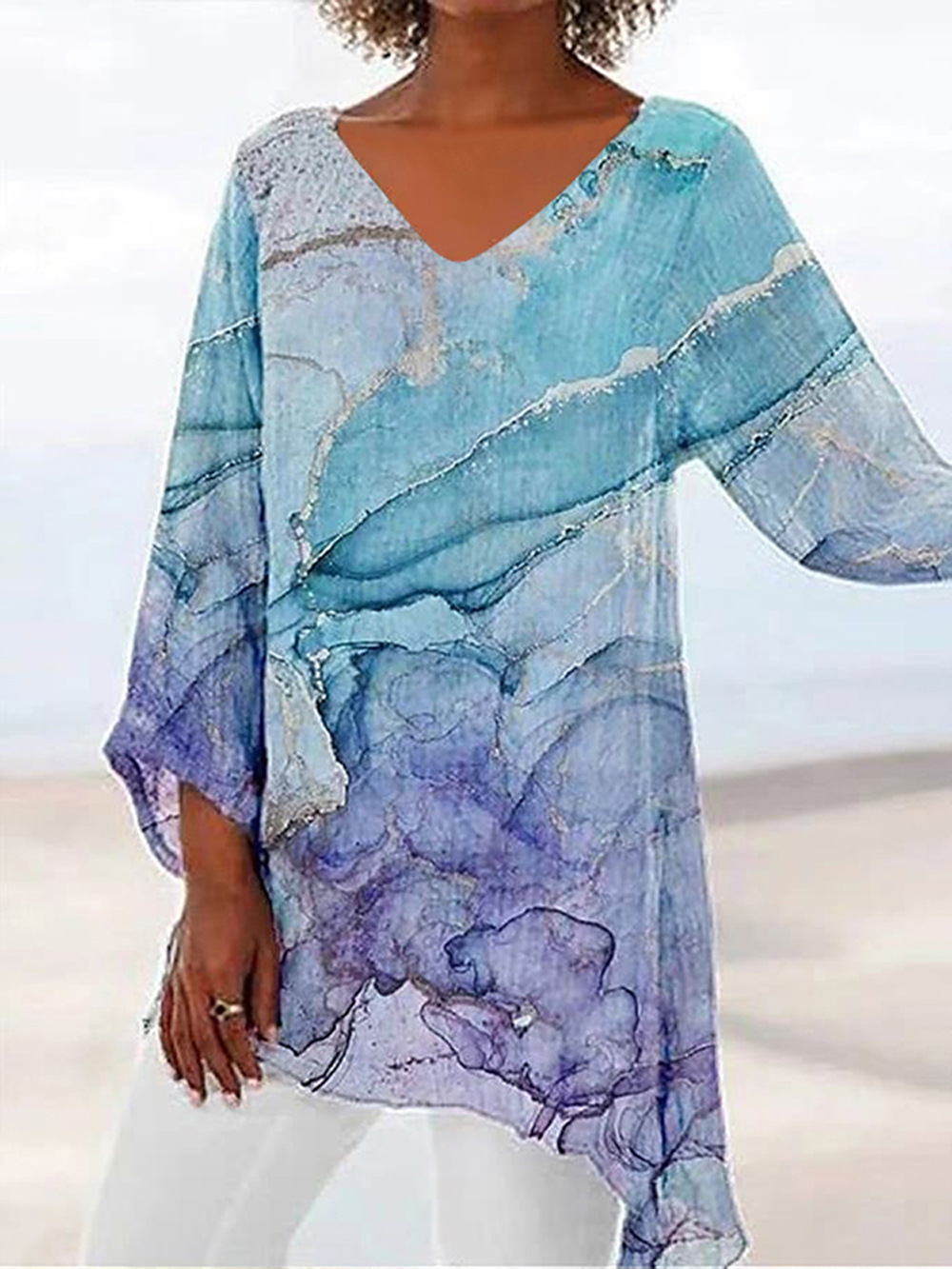 V Neck Long Sleeves Asymmetric Top