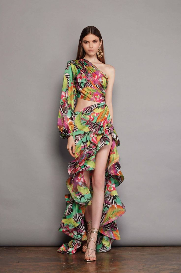 One Shoulder Ruffle Cut out Floral Printed Dress
