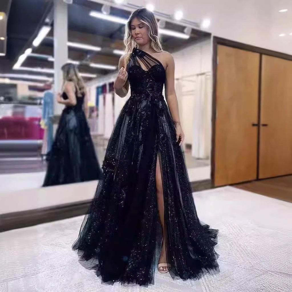 A-Line One-Shoulder Tulle Applique Sleeveless Brush Train Prom Dress