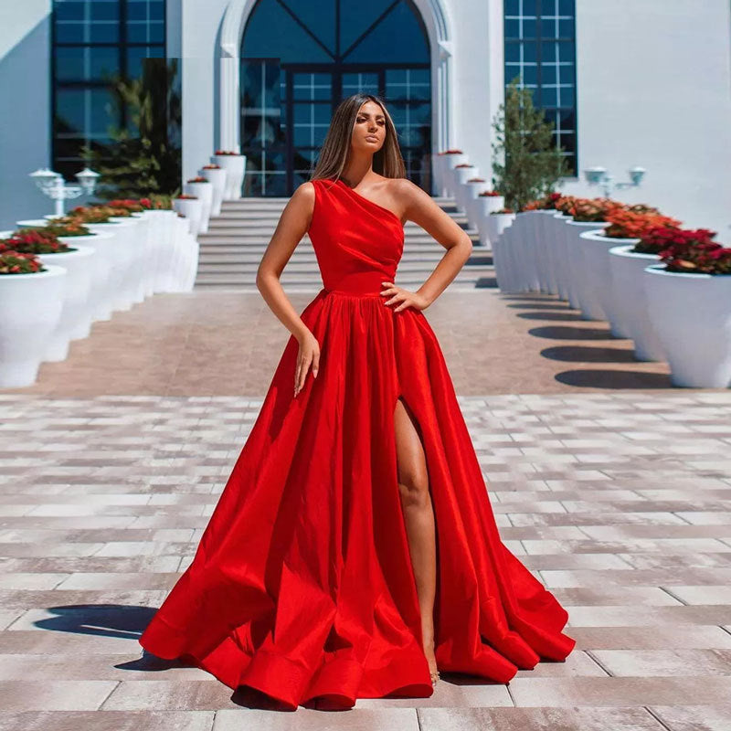 A-Line Satin Ruffles One-Shoulder Sleeveless Sweep Train Prom Dress