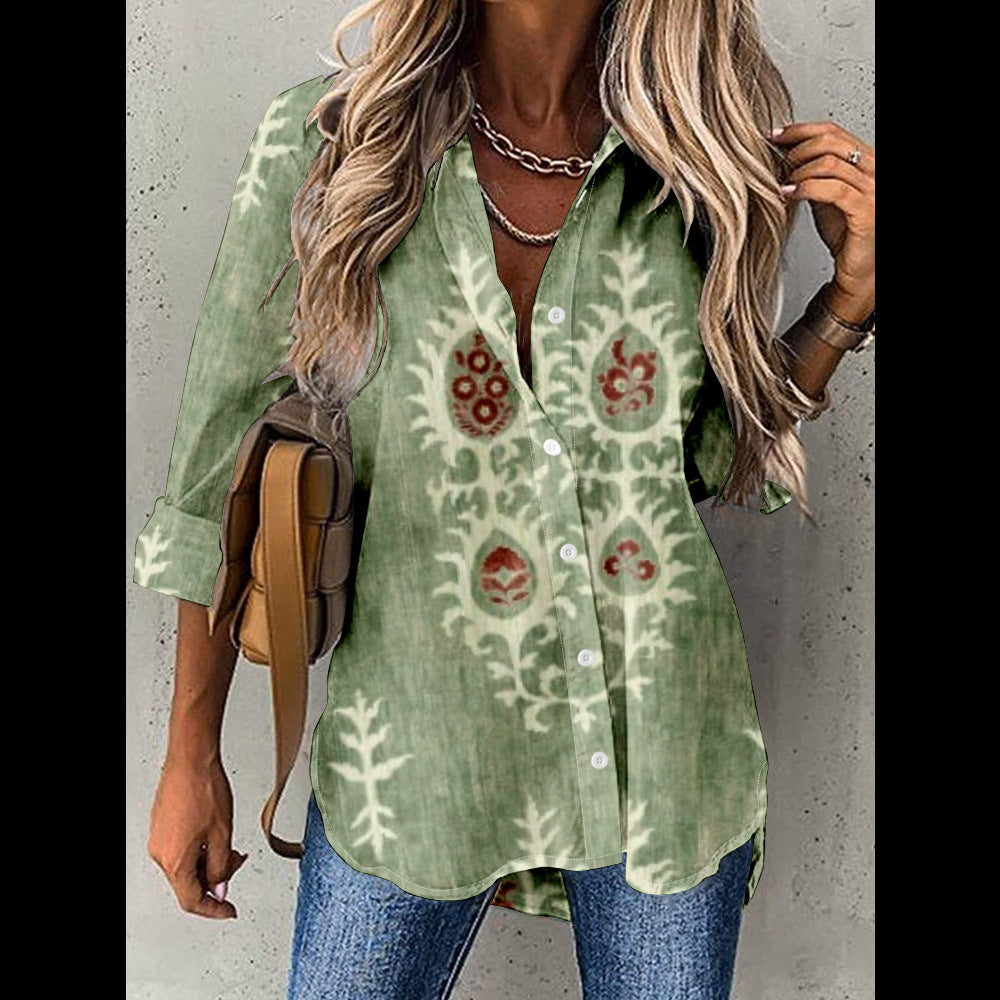 Women's Floral Print Long Sleeve Collar Shirt