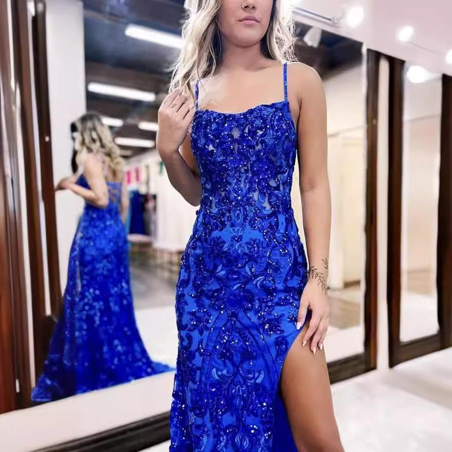 Column Spaghetti Straps Sleeveless Sweep Train Prom Dress