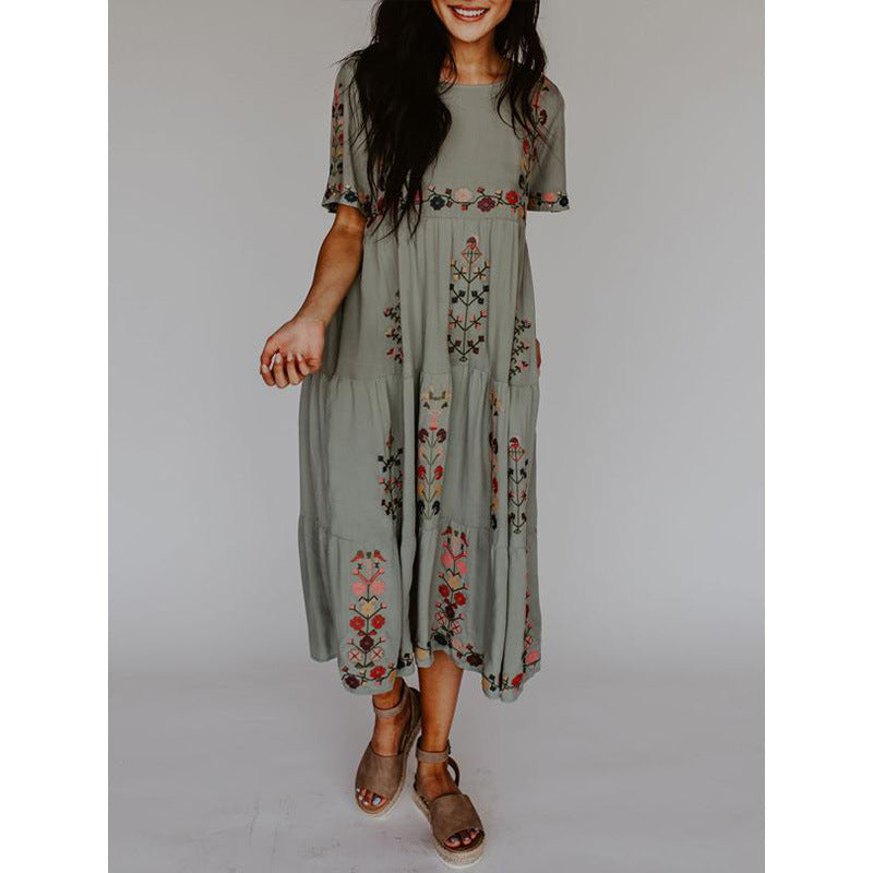 Round Neck Short Sleeves Floral Embroidered Midi Dress