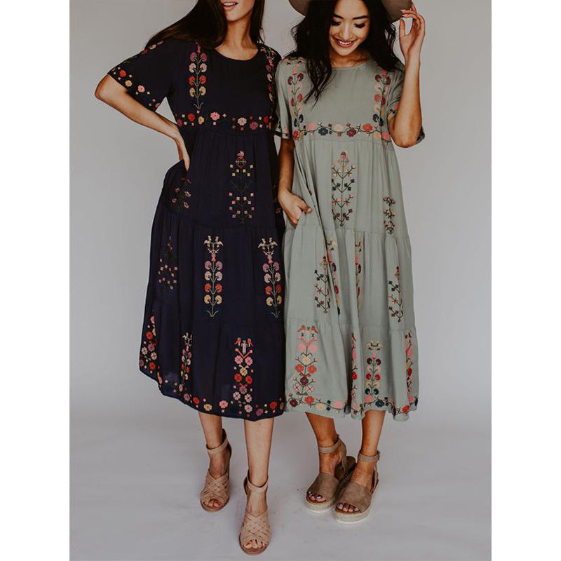 Round Neck Short Sleeves Floral Embroidered Midi Dress