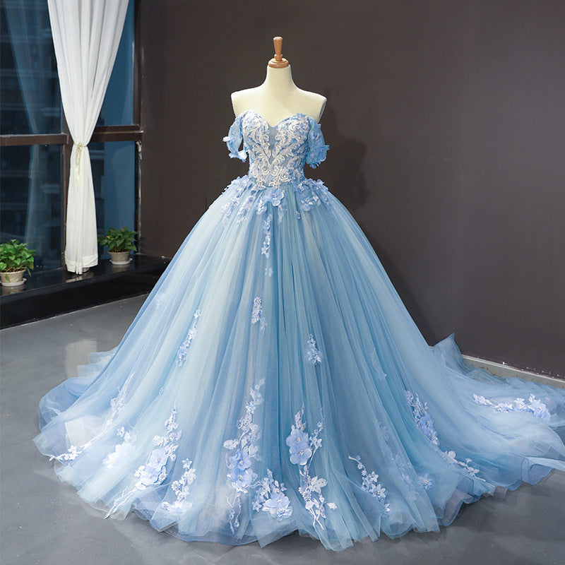Off-the-Shoulder Sleeveless Applique Chapel Train Prom Dress