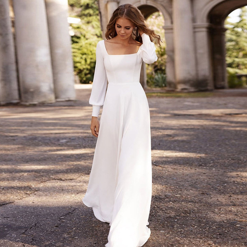 Satin A Line Square Neckline Long Sleeves Sweep Train Wedding Dress