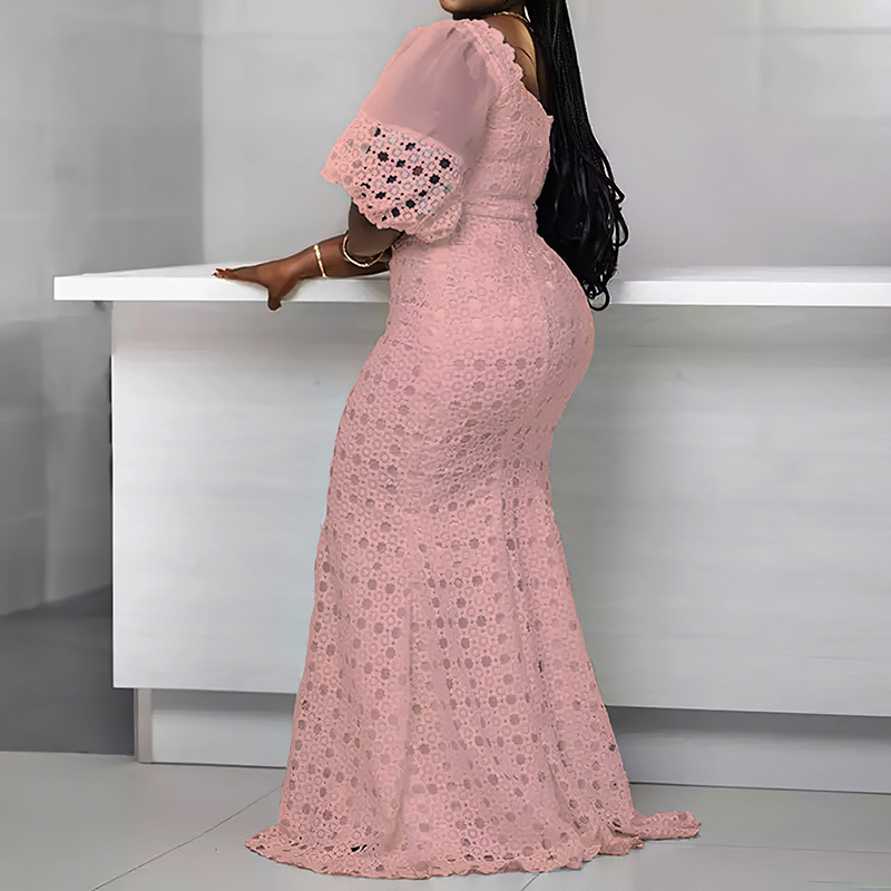Plus Size Half Sleeve Floor-Length Patchwork Pullover Maxi Dress