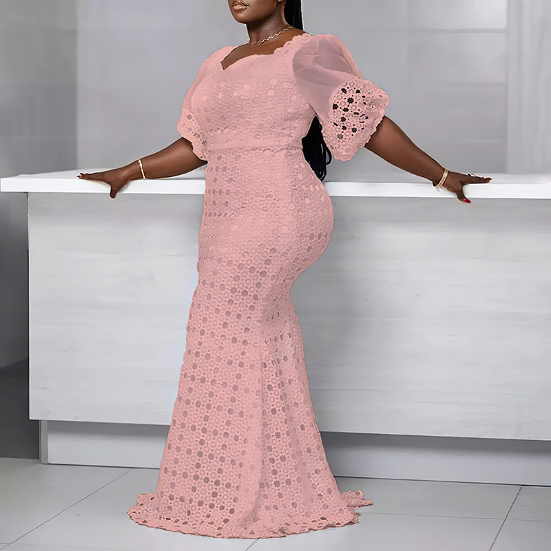 Plus Size Half Sleeve Floor-Length Patchwork Pullover Maxi Dress