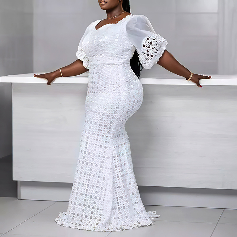 Plus Size Half Sleeve Floor-Length Patchwork Pullover Maxi Dress