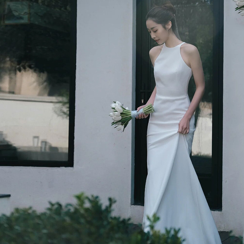 Column Ruched Halter Sleeveless Sweep Train Wedding Dress
