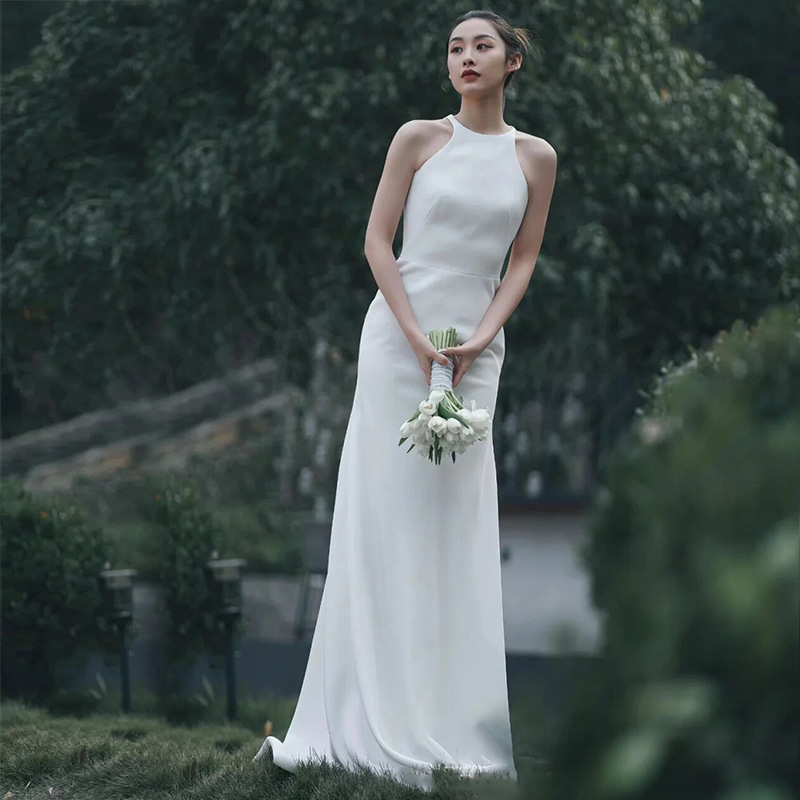 Column Ruched Halter Sleeveless Sweep Train Wedding Dress