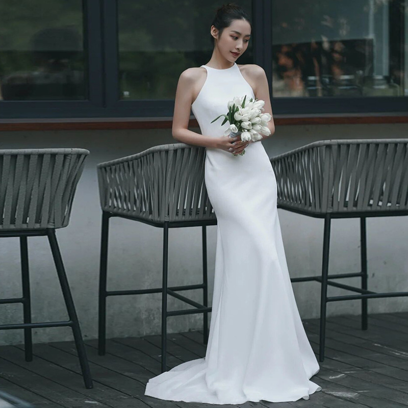 Column Ruched Halter Sleeveless Sweep Train Wedding Dress