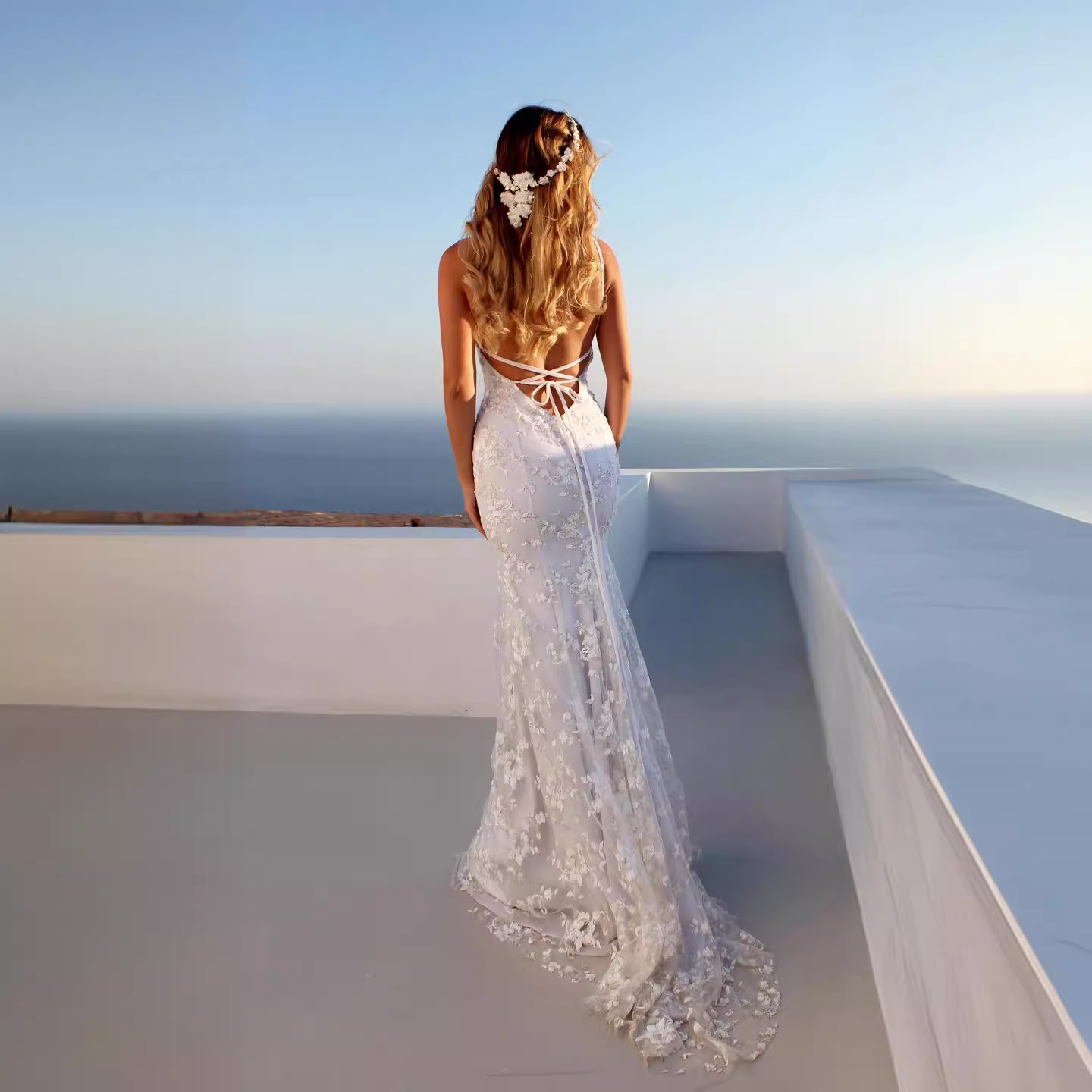 Mermaid Spaghetti Straps Sleeveless Lace Court Train Wedding Dress