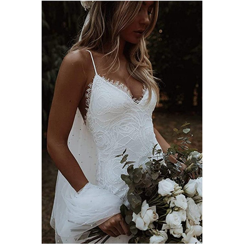 Column Lace V-neck Sleeveless Court Train Wedding Dress