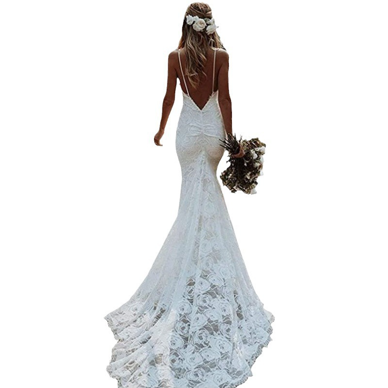 Column Lace V-neck Sleeveless Court Train Wedding Dress