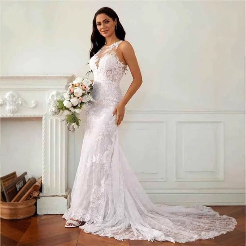 Column Lace Scoop Sleeveless Court Train Wedding Dress