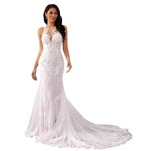 Column Lace Scoop Sleeveless Court Train Wedding Dress