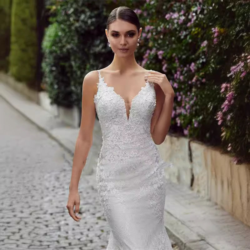 Mermaid Lace Applique V-neck Sleeveless Sweep Train Wedding Dress