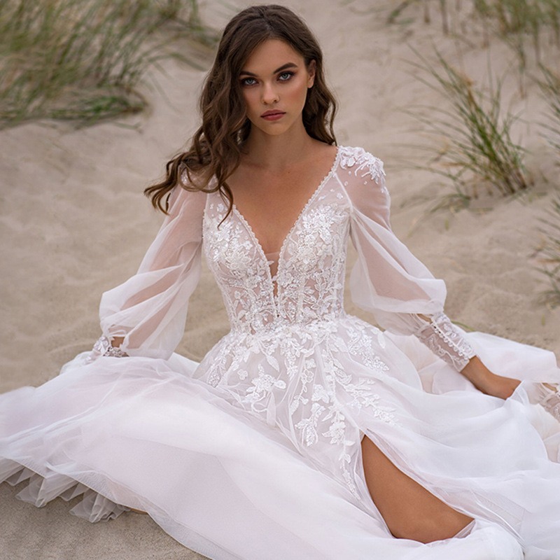 A-Line Tulle Applique V-neck Sleeveless Sweep Train Wedding Dress