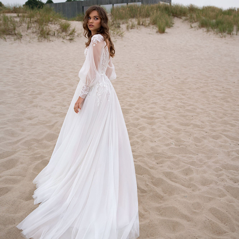 A-Line Tulle Applique V-neck Sleeveless Sweep Train Wedding Dress