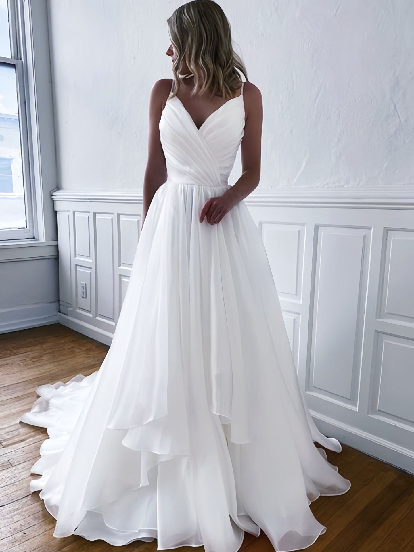 A-Line Organza Ruffles V-neck Sleeveless Court Train Wedding Dress