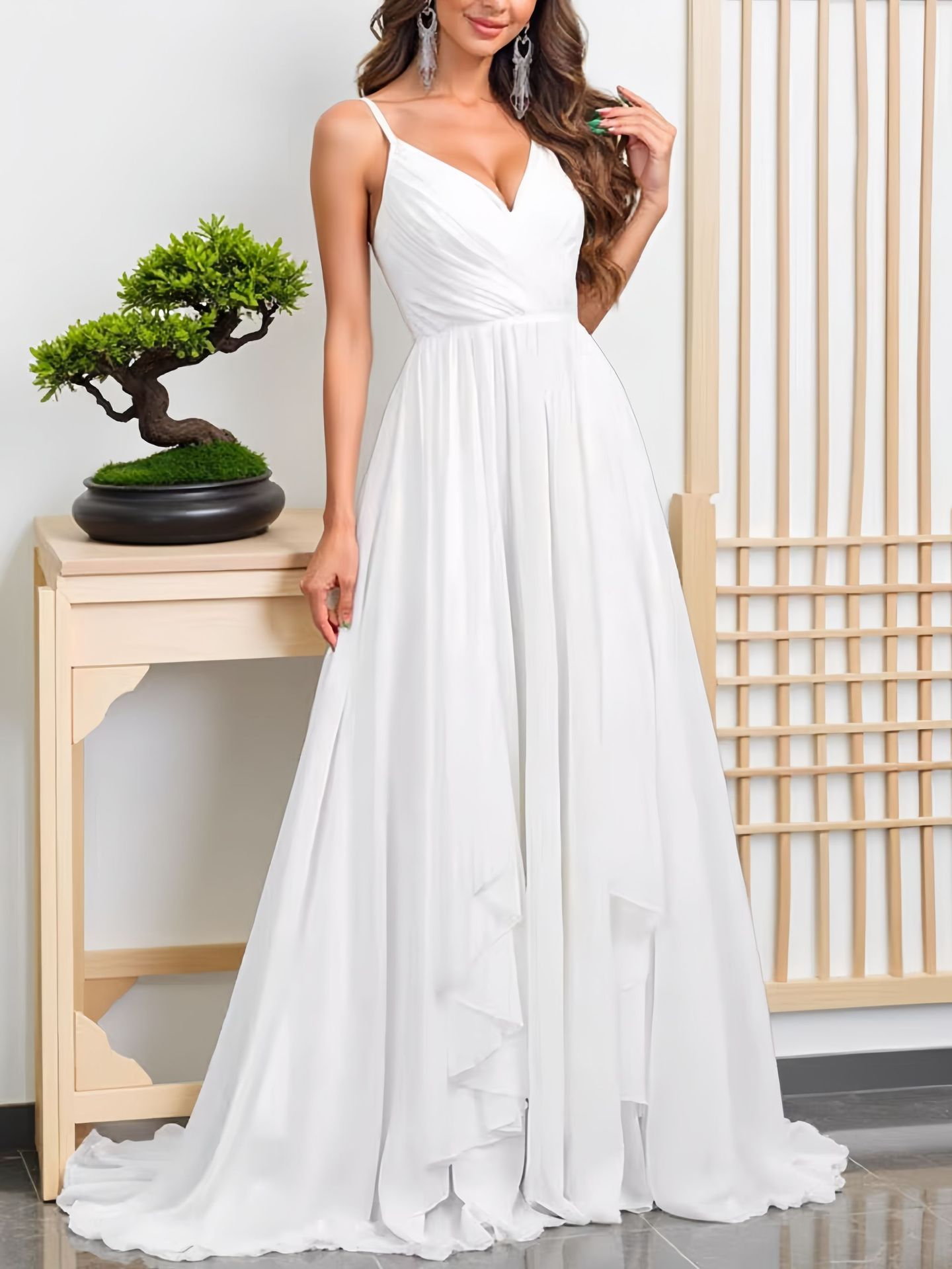 A-Line Organza Ruffles V-neck Sleeveless Court Train Wedding Dress
