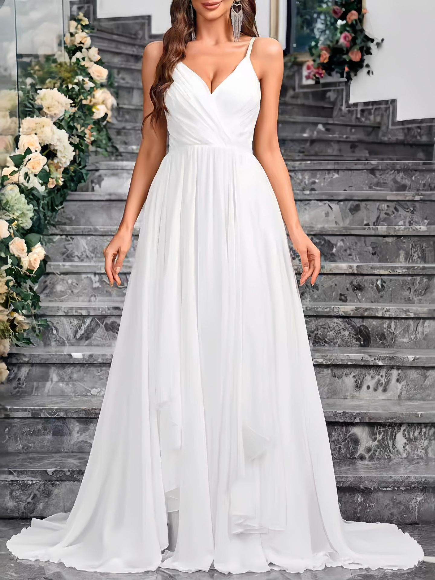 A-Line Organza Ruffles V-neck Sleeveless Court Train Wedding Dress